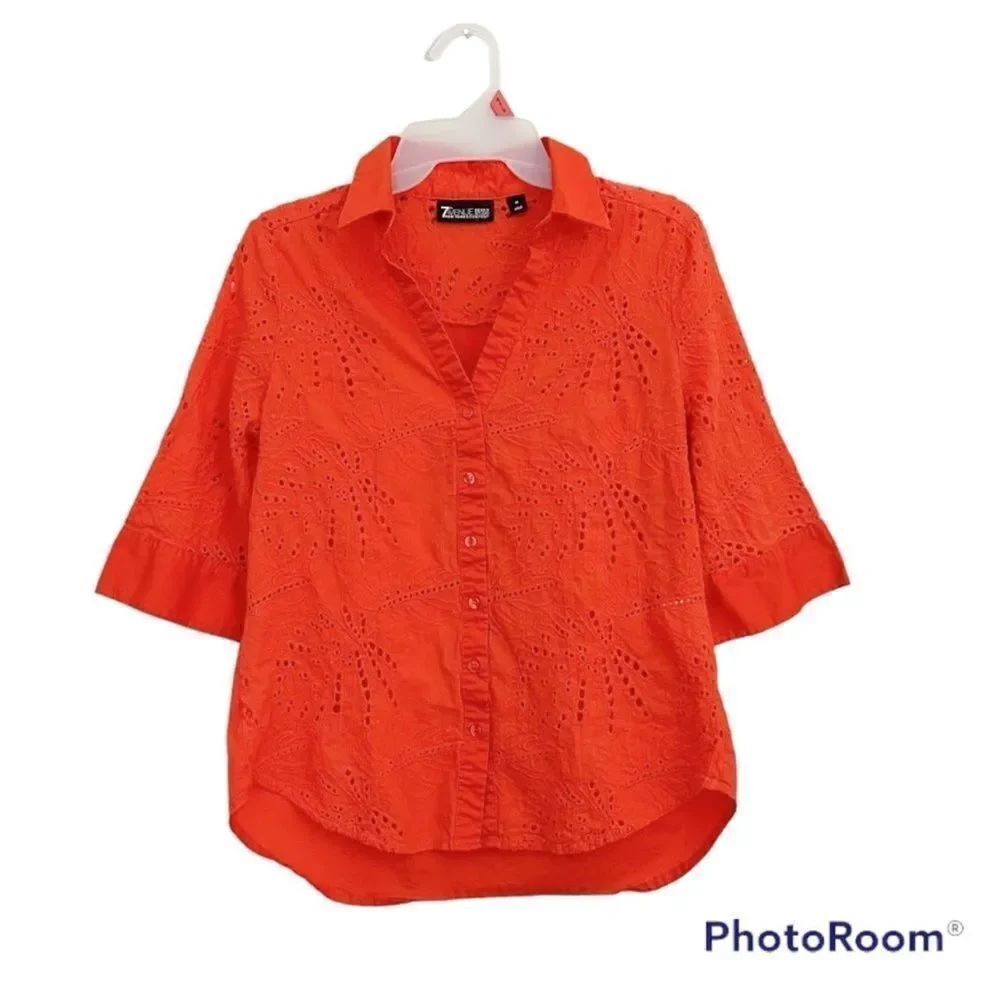 New York & Company 7th Avenue Cotton Eyelet Button Front Shirt Size Medium